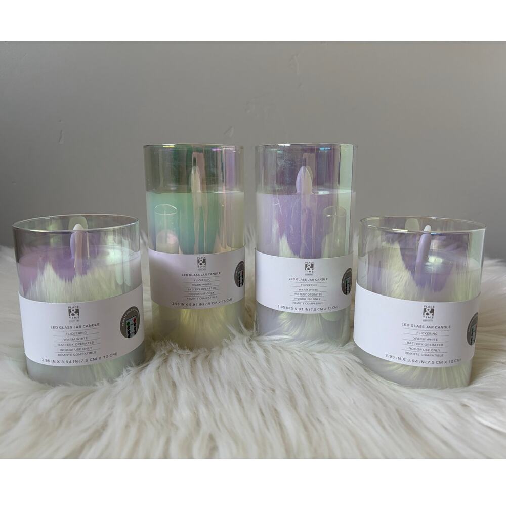 Place & Time LED Glass Jar Iridescent Clear Candles (4) NEW Flameless Candle HTF